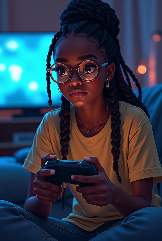 Create a drawing of a 20 year old black woman with braids and round glasses playing an action video game