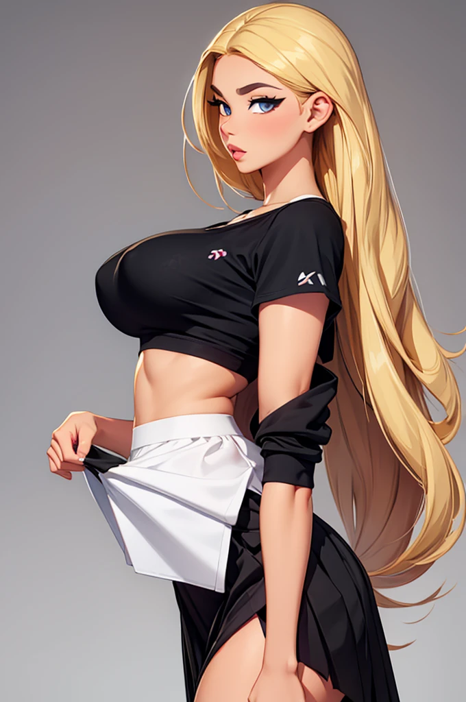 Beautiful woman, very beautiful, thick and big lips, pretty eyes and lazy eyelids, Lewd face, life completely in front, Front view, Whole body, black oversight t-shirt, black skirt with white touches, perfect body, big perky tits, small nose, by the wide, Long hair, by rubio, blonde