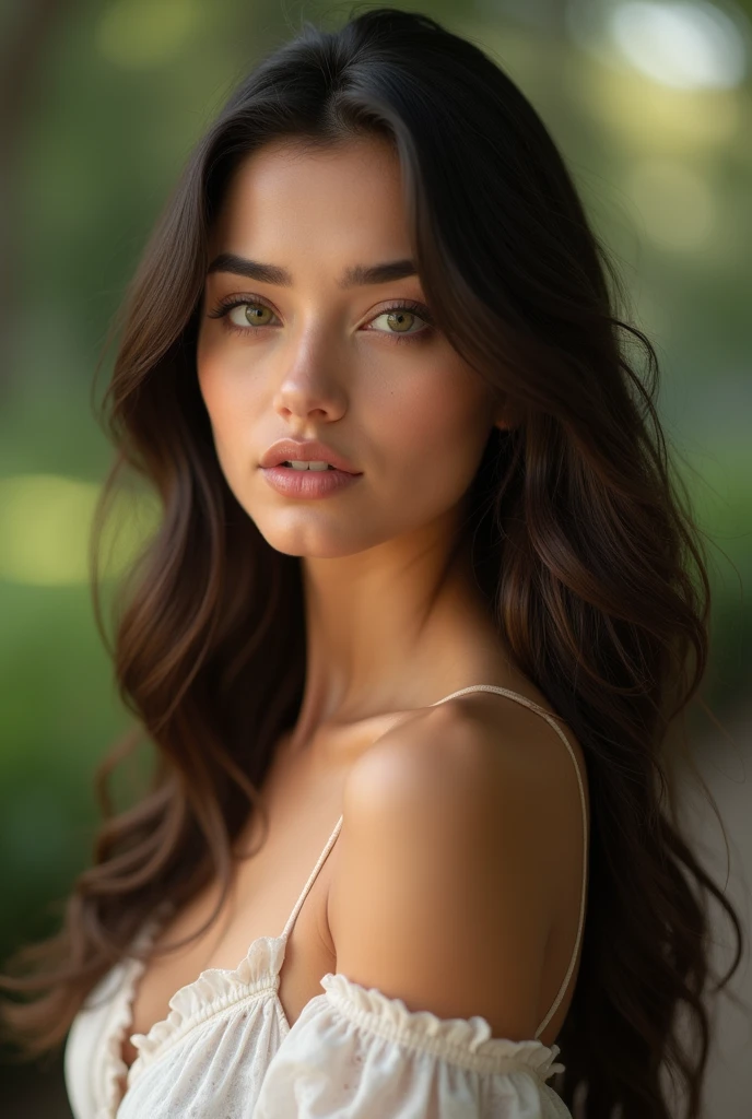 fille brune, yeux vert, latine, 25ans regarde vers la camera, naturel, yeux en amandes nez fins