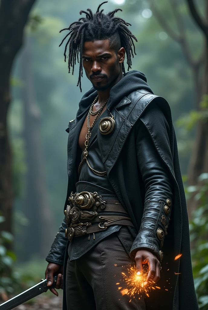 A dark-skinned man with curly hair shaved on one side or with a dreadlock . Leather dress with some metallic details, He is a magician and at the same time uses melee weapons such as daggers., chacram, katares. Makes use of shadow magic, ice and nature.