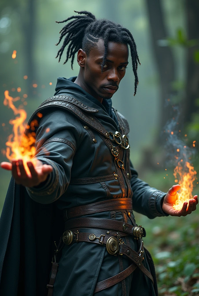 A dark-skinned man with curly hair shaved on one side or with a dreadlock . Leather dress with some metallic details, He is a magician and at the same time uses melee weapons such as daggers., chacram, katares. Makes use of shadow magic, ice and nature.