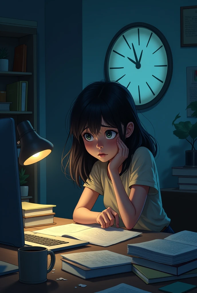 A girl studying late at night looking so stressed then she glances at her clock it's already midnight