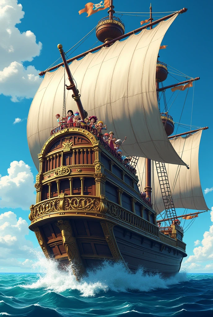 I want a picture of Luffy, Sandy, Zoro, US, Sanji, Chopper, Robin, Franky, Brook e Jimbe, on their pirate ship, the ship is more beautiful, mais bonito, much more, that puts fear into other pirates