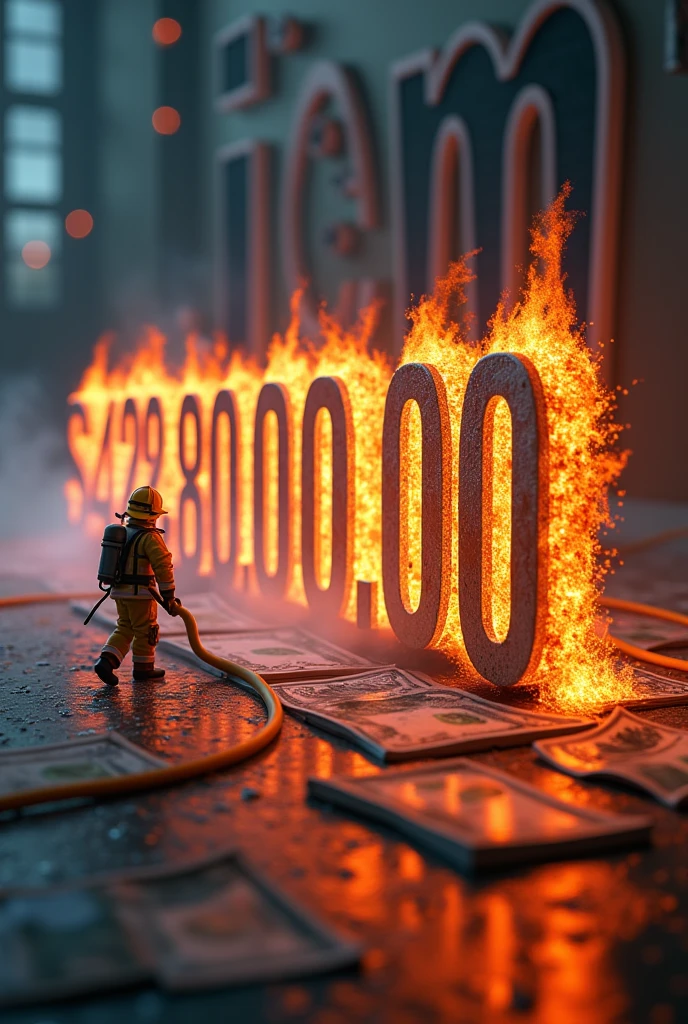 (photorealism:1.2),Large number $42,880,500.00 at the top and center with the edges of the letters on fire, with a smaller firefighter putting out the fire with a water hose, background with the text JEM in semi-transparent letters