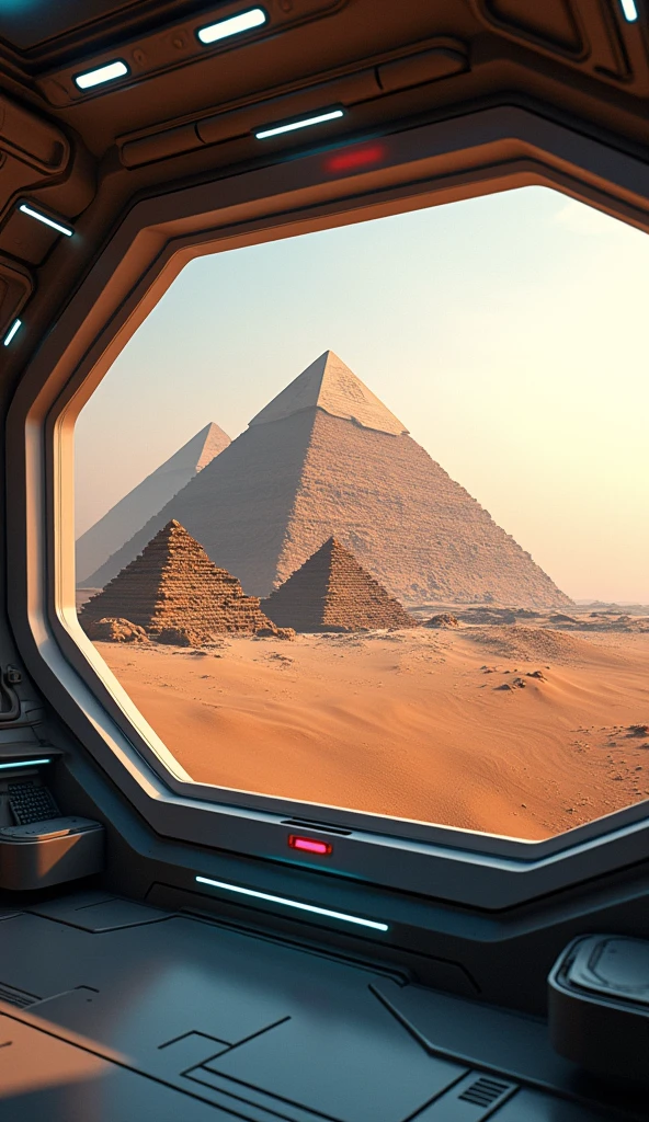 "Create an image of the view from inside an alien spacecraft, showing the pyramids of Egypt from the outside. The scene should include the ship&#39;s cabin with futuristic control panels and large windows., through which you can see the pyramids built in the Egyptian desert. The perspective should offer a panoramic view of the pyramids and the desert, with the ship hovering above or near the structures. The nave&#39;s windows must have a technological and elegant design, and the interior lighting of the cabin should be soft and bluish, contrasting with the warm, golden light of the Egyptian sun illuminating the pyramids. The exterior of the ship may have a metallic, streamlined appearance., with luminous details that reflect the advanced technology of the extraterrestrials."
