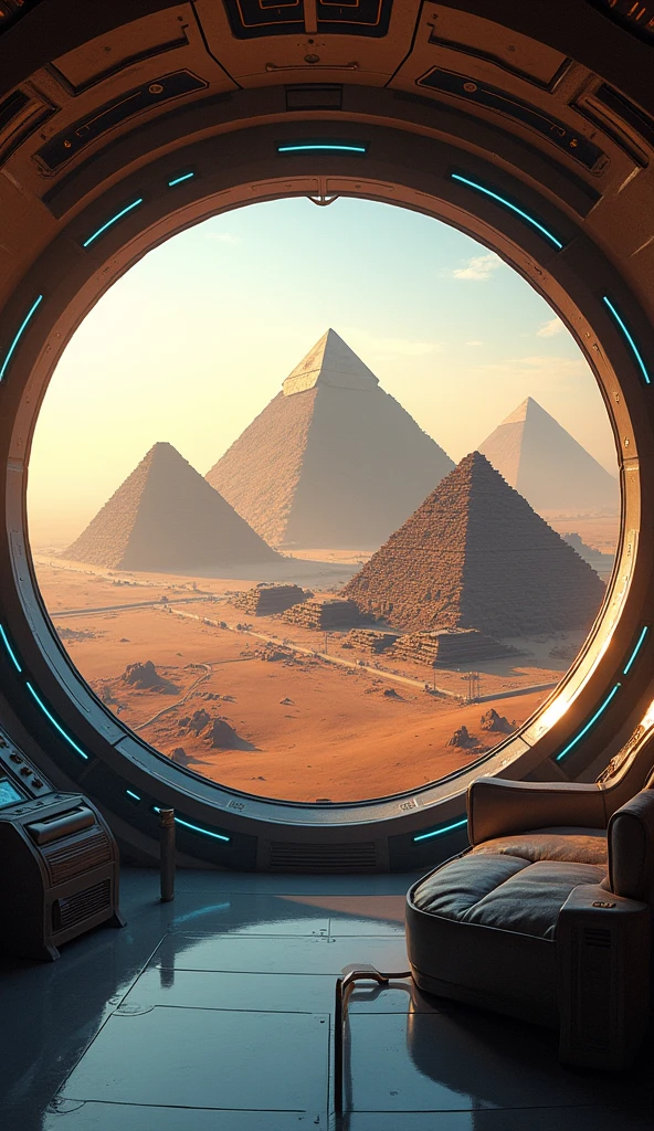 "Create an image of the view from inside an alien spacecraft, showing the pyramids of Egypt from the outside. The scene should include the ship&#39;s cabin with futuristic control panels and large windows., through which you can see the pyramids built in the Egyptian desert. The perspective should offer a panoramic view of the pyramids and the desert, with the ship hovering above or near the structures. The nave&#39;s windows must have a technological and elegant design, and the interior lighting of the cabin should be soft and bluish, contrasting with the warm, golden light of the Egyptian sun illuminating the pyramids. The exterior of the ship may have a metallic, streamlined appearance., with luminous details that reflect the advanced technology of the extraterrestrials."
