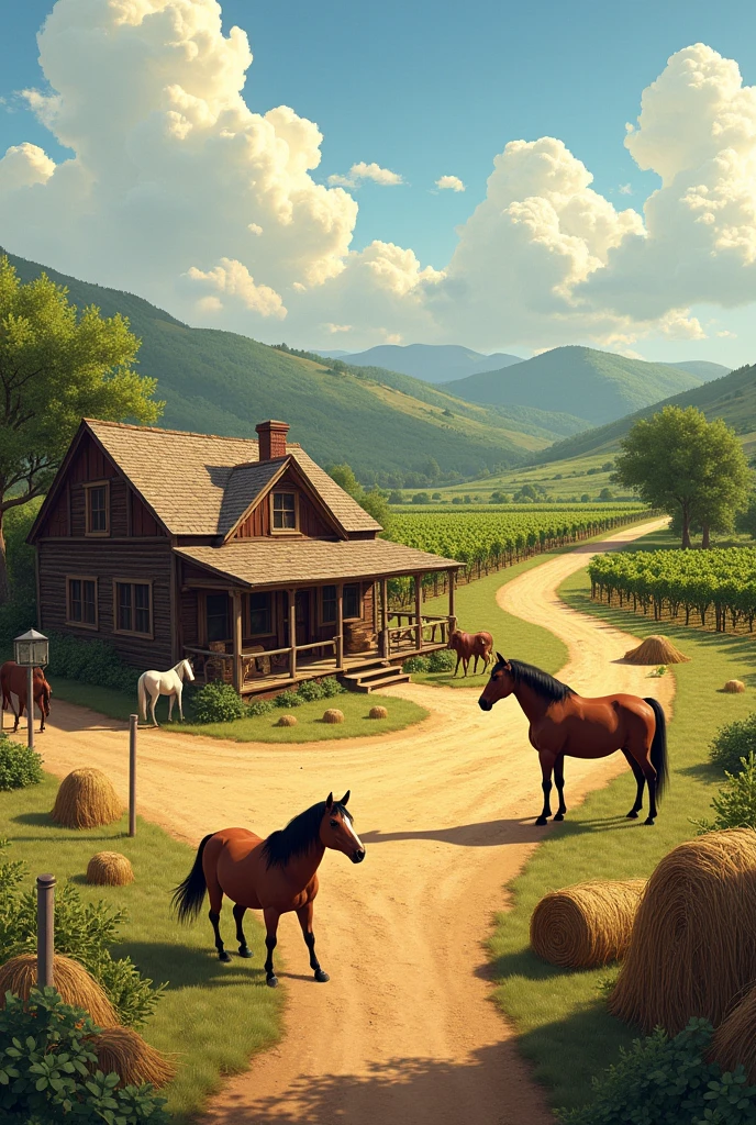 Typical Texas ranch with a 1-story house and a shed next to it and inside a horse and ponies and around bales of hay and a vineyard nearby
