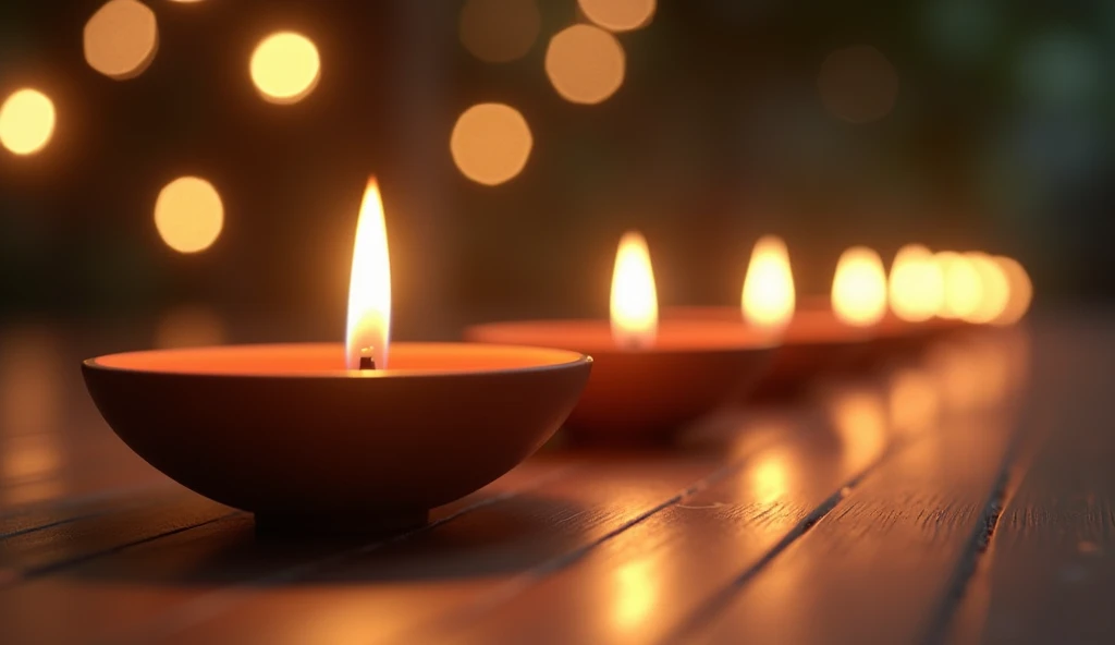 Multiple Diya lamps placed in a row on a wooden surface, their flames flickering softly, with bokeh light effects in the background