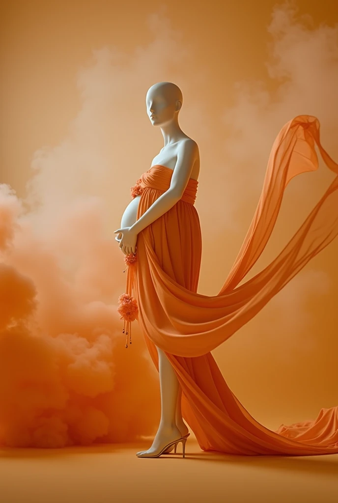 pregnant woman mannequin in red dress with flowing fabric in studio photo, digital art by Gabriel Ba,smoke , big cloudy effect , shutterstock contest winner, art photography, thick dust and red tones, maternal photography 4 k, draped in flowing fabric, draped with red hybiscus, award winning studio photo, flowing gown, grayscale phtoto with red dress, grayscale photo with red dress