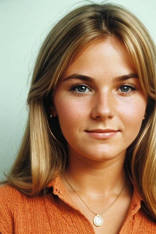 Medium view, of young aged, 16 year old, mom, gilf, milf, face portrait, german features, chubby, long 1970s hair, blond hair, 1970s clothing, in Small town 1970s,
