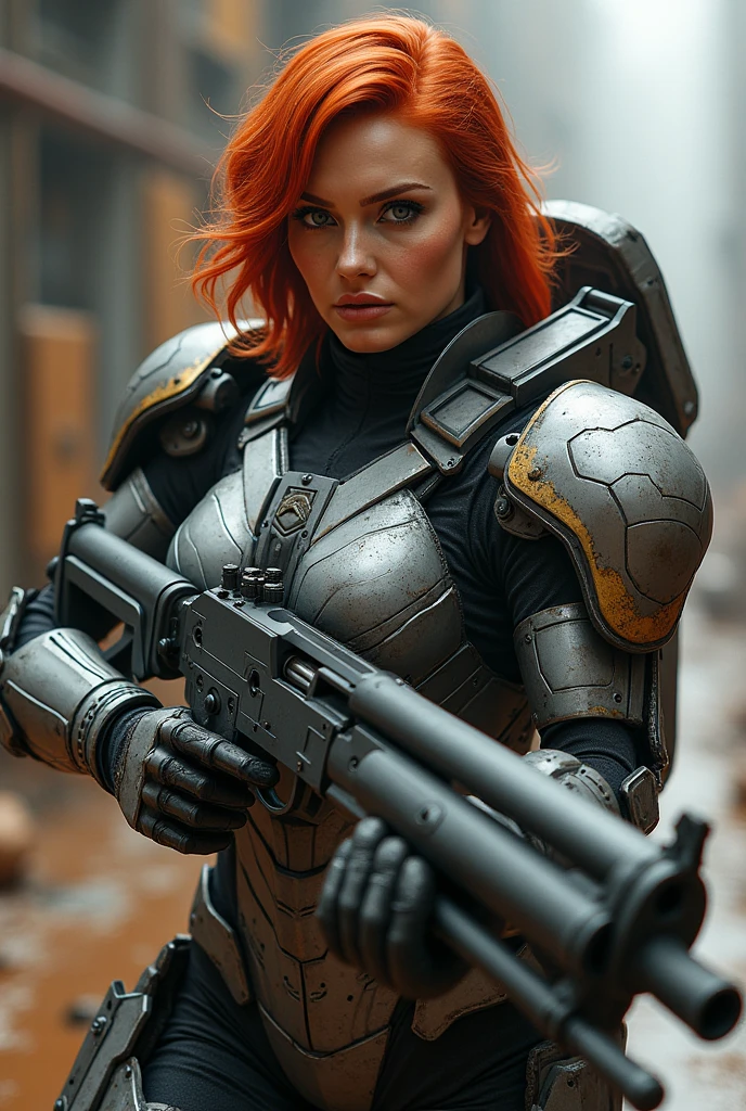 a red hair baird girl big breasts Curve waist in Mjolnir powered assault armor Mk. IV helmet on with a shotgun in her hand
