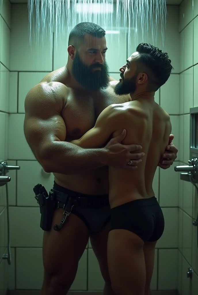 Strong mixed race police officer, bearded and hairy man in black underwear holding another man in a public bathroom under the shower.