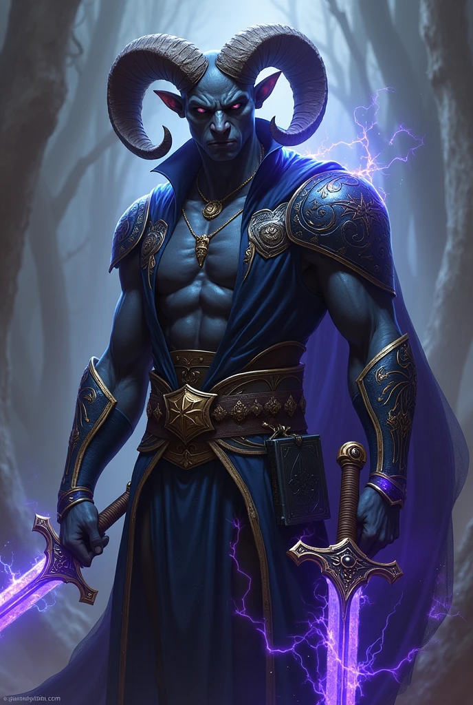 Tiefling male. Very compact, tight, rams horns. dark-black skin. A soft, solemn face. You can see his chest due to his dark-colored, button-less, sleeveless, gold-trimmed jacket. No cape. No cloak. black trousers. He’s in a combative stance. He’s holding the hilt of his sword in the scabbard. His only sword is intricately engraved, curved on his left hip. His second and last sword glows a cobalt blue. He has a glowing purple, shadow-emitting shield laying against his shoulder blades and a book holster on his other hip carrying a black, malevolent tome.