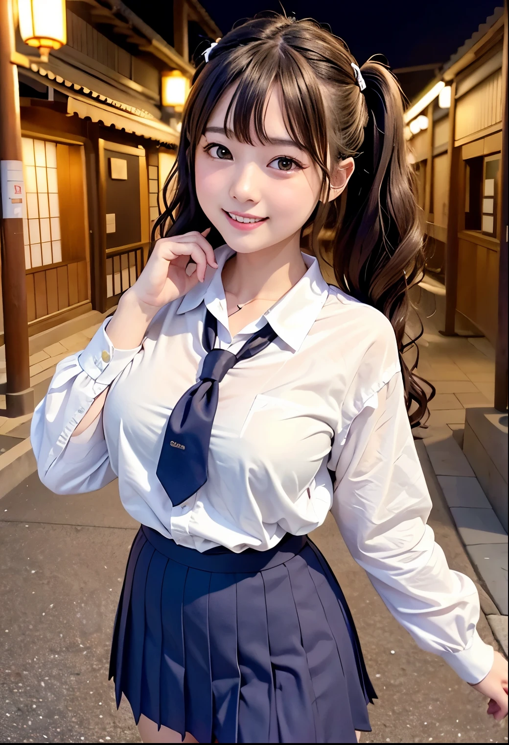 (Highest quality,masterpiece:1.3,Ultra-high resolution),(Very detailed、Caustics) (Realistic:1.4, RAW shooting、)Ultra-Realistic Capture、Very detailed、Natural skin texture、masterpiece、(Japanese elementary school students wearing junior high school uniforms:1.3)、Adorable expression、Expressions of happiness、、height: 140cm、Baby Face、Pure、Amazingly cute、Twin tail hairstyle、Trim your bangs、Curly Hair、Ribbon tie、Black Hair、Large Breasts、Shining thighs、Shooting on the main street of a tourist spot、Night photography、Background details、smile、An inviting gaze、(Anatomically correct)、Cowboy Shot、Attention to detail、
