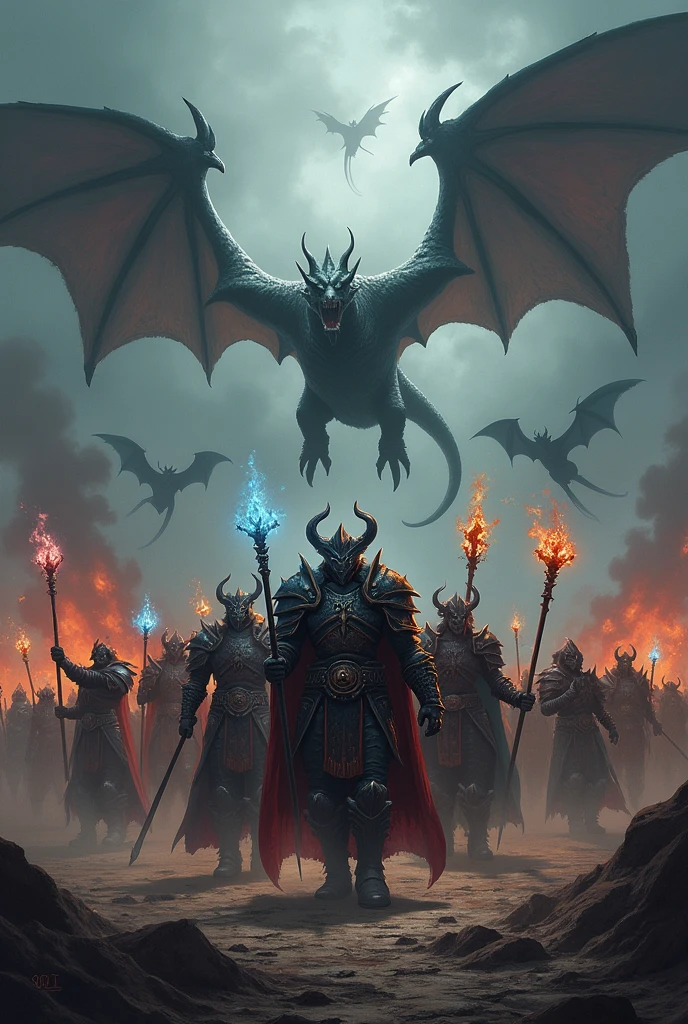 Create me an image with a dark and gloomy tone, with an army of World of Warcraft-style warriors, carrying weapons such as swords, axes, bows, crossbows, and staffs of ice and fire magic. There should be dragons in the sky representing the warriors, with flames coming out all over the place with red and yellow colors, keeping the gloomy style. The image must have the following text "Umbra Draconum", the text cannot be omitted.
