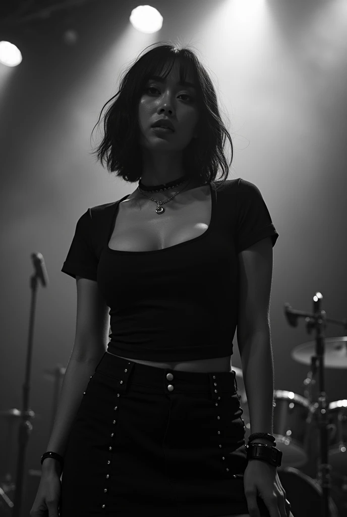 Black and white photography、Live footage、Asian woman with short bob、band、skirt、Beautiful Face、Punk Rock、Large Breasts、Satomi Ishihara、Cleavage、Stage Lighting、smoke、mist、Alice Hirose、Solo artist、