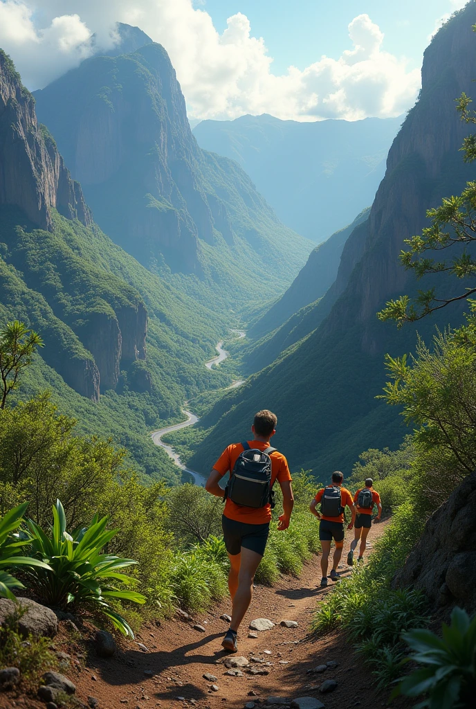 génère une photo sur la diagonale des fous à la réunion 🇷🇪 ultra trail de 175km avec 10500 de dénivelé positif en expliquant sur l’image nous avons besoins de sponsors