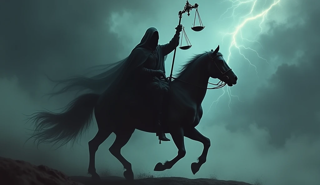 the black horseman of the apocalypse carrying a scale in his hand