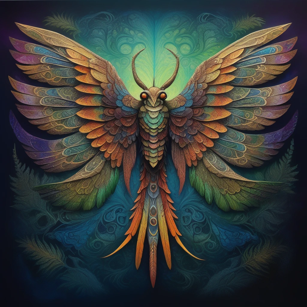 a winged creature with dust-like scales on its wings, highly detailed, vibrant colors, intricate patterns, toxic, fantasy, cinematic lighting, dramatic composition, canvas painting style