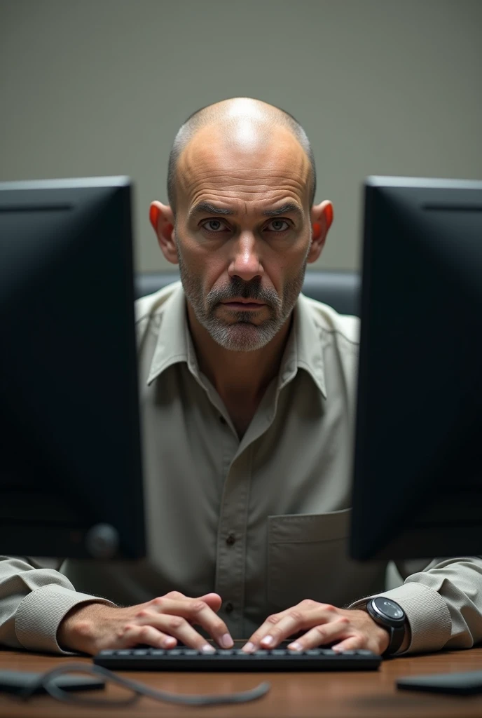 homme chauve devant un ordinateur ,le regard vers nous