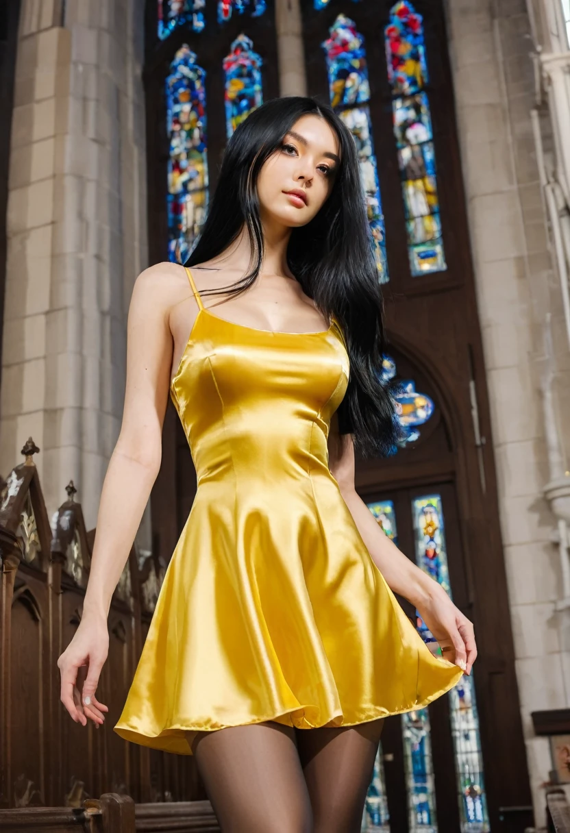 Young black-haired woman, beautiful eyes. long black hair. Short strap dress in shiny yellow satin, Tights, 项链, transparent lip gloss, narrow building, Pretty, 2, Full body photo, long legs, Satin top, Standing in a church and playing with the dress, looks stunning. is enthusiastic