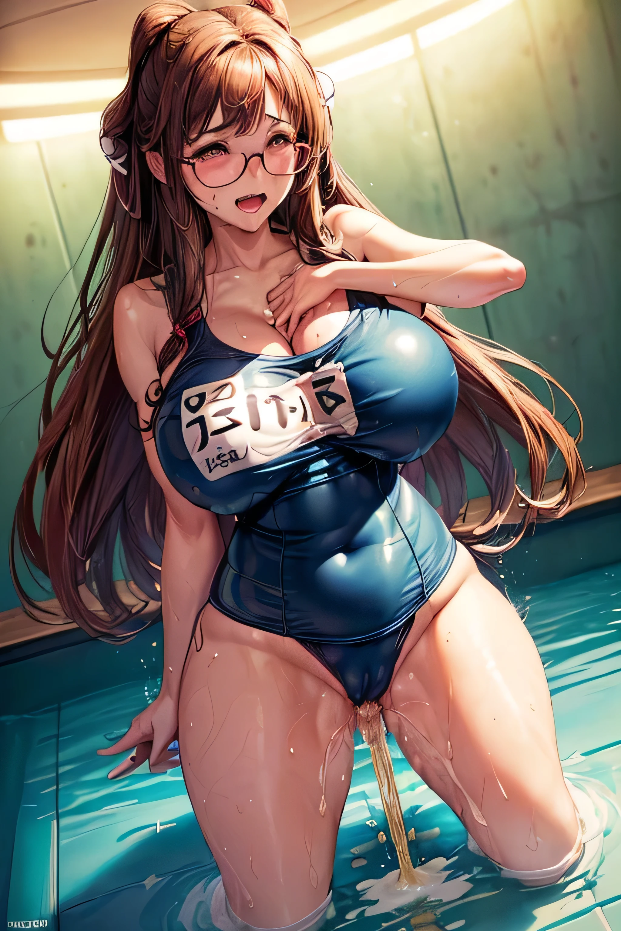 1 person,high school girl,((((Japanese School Swimsuit,There is a name tag on the chest)))),High Cut,((Low Angle,The camera is between her thighs,angle of view of ceiling,)),(From directly below:1.7),((Please straddle the camera and look down at me)),((Highest quality, wonderful,8k, masterpiece :1.3)), (Realistic, photoRealistic:1.4),Brown long hair, Brown eyes, Green glasses,heart shaped pupils,Sunburned skin, (Super big breasts:1.6), HH-sized breasts,beautiful breasts,(Big Ass),beautiful ass,Embarrassed,sweat,Wet,open legs,Very detailed,Cinema Lighting, Detailed light, Best Shadow, Dynamic Angle(From directly below:1.1),Between the legs:1.5, Plump thighs,(Pussy close up),(Pussy Focus,From before:1.3),(Erotic Body Twist:1.6),(shame:1.6),(orgasm:1.6),In the classroom,(Urge to urinate:1.6),(bladder full:1.6),(Urination Desire:1.6),(Splashing pee:1.6),(Person urinating:1.6),(Can't make it to the toilet in time and have to urinate:1.6),
