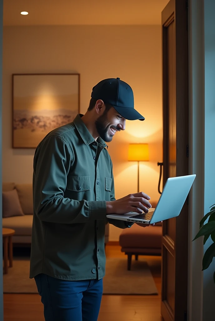 (photorealism:1.2), Mobile phone in profile with a smiling, handsome man emerging from inside, computer technician dress, wearing a cap. His body appears to be emerging from inside a mobile phone when seen from the side. The man is delivering a laptop to a client&#39;s house. The background of the scene should represent a warm and modern home., with elements such as contemporary furniture, Soft lighting and cozy details that convey a feeling of comfort and hospitality