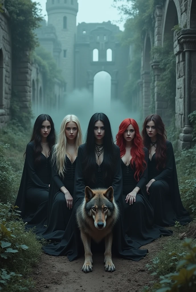 A group of 5 gothic sorceresses, blonde, redhead, brunette, ultra-sexy, kneeling, a wolf at their feet, a ruined castle, mist, best quality, 4k, 8k, highres, masterpiece:1.2, ultra-detailed, realistic, photorealistic, photo-realistic:1.37, HDR, UHD, studio lighting, ultra-fine painting, sharp focus, physically-based rendering, extreme detail description, professional, vivid colors, bokeh, dark fantasy, horror, atmospheric, dramatic lighting