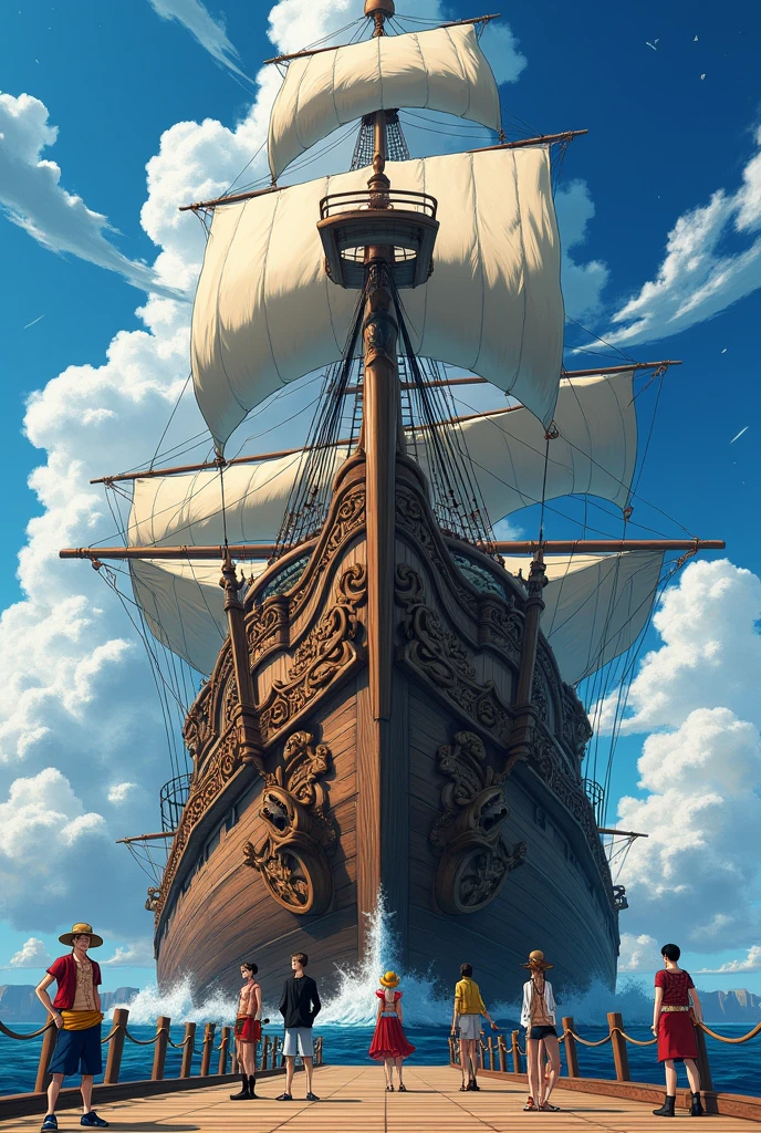 I want a picture of Luffy, Sandy, Zoro, US, Sanji, Chopper, Robin, Franky, Brook e Jimbe, on their pirate ship, the ship is more beautiful, mais bonito, much more, that puts fear into other pirates, much more fear