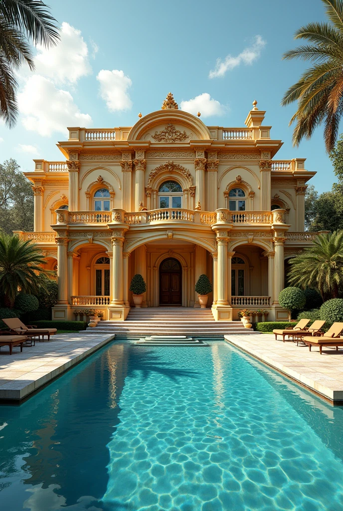 I want a golden luxurious house Infront swimming pool. Full hd