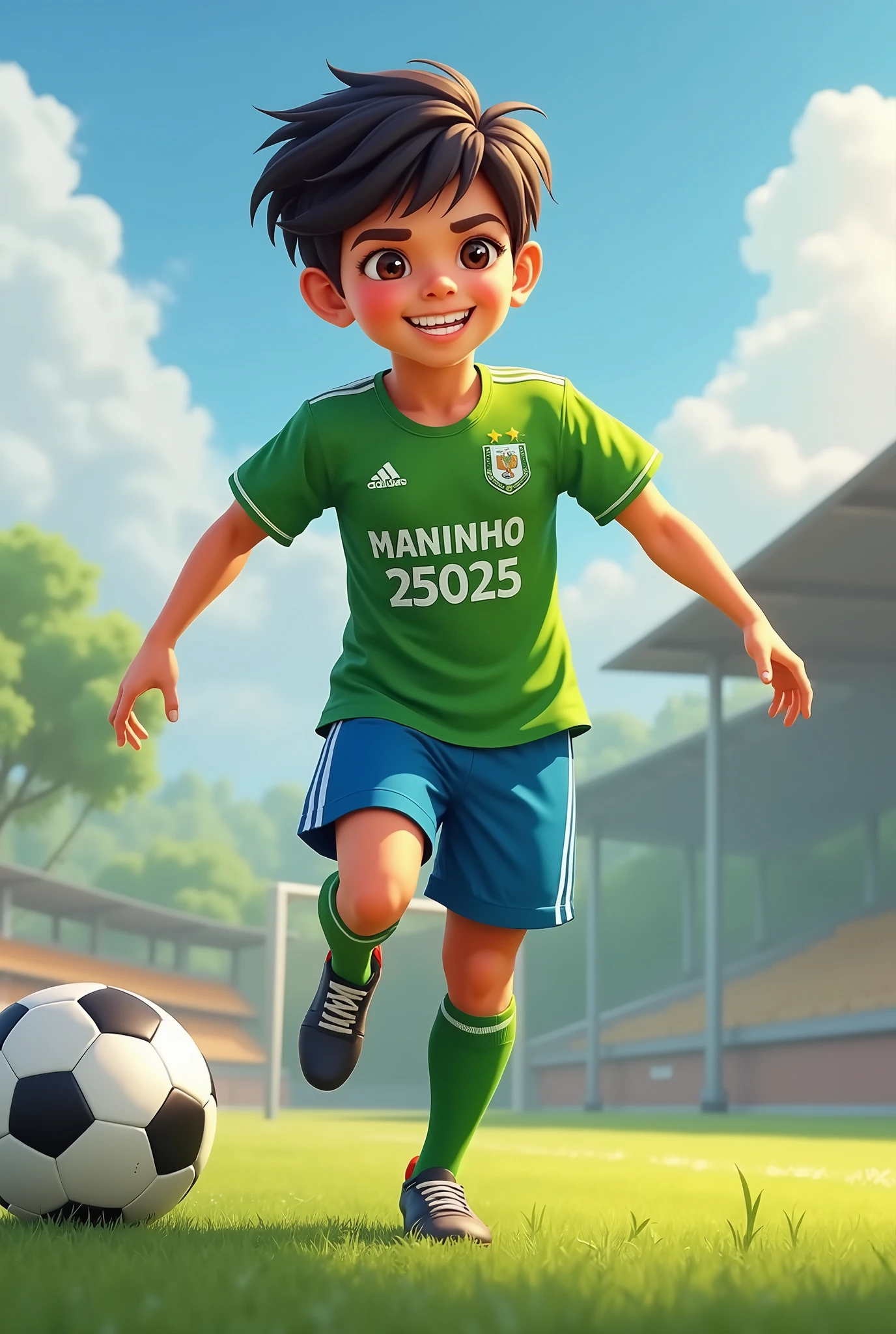 Create an image of a smiling thirteen year old with short black hair and small bangs. The is relatively high, wearing a green shirt with the name MANINHO and the number 25025 below the name MANINHO, blue pants, long green knee-high socks and Adidas F50 football boots.