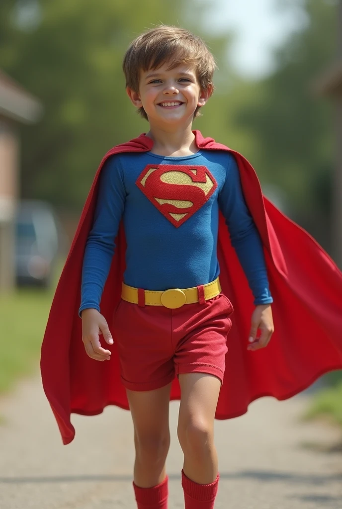 Superman live action (Nice Boy Scout Personality),Homemade costume in medium blue normal fabric,Red shorts over the blue suit