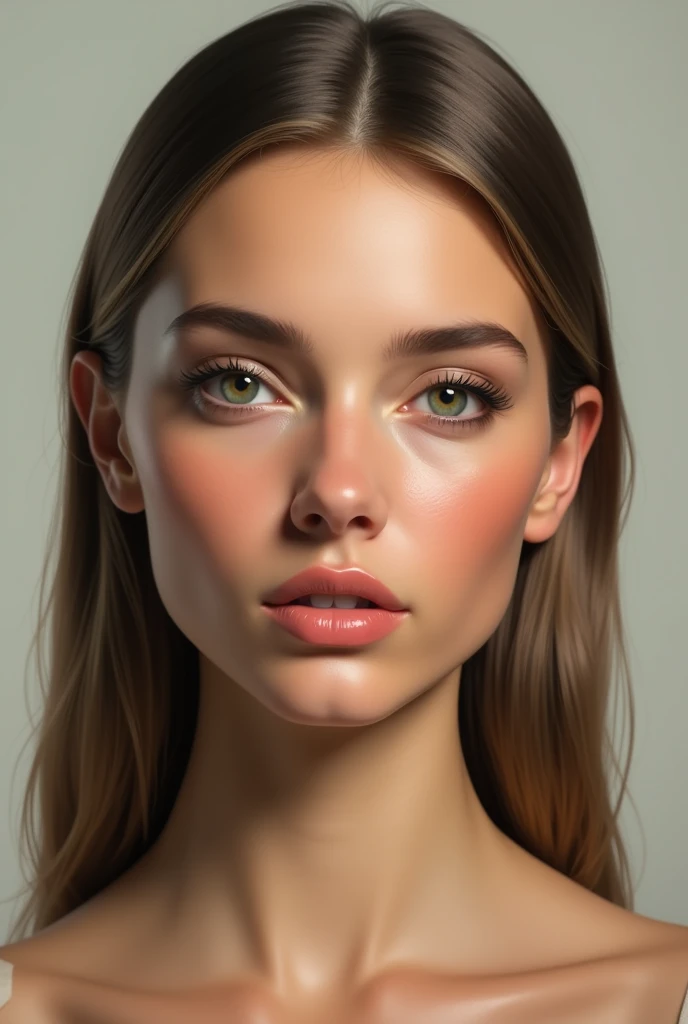 (photo realism 1.2) Pretty, very realistic woman with a square jaw, a thin, closed mouth. the chin smooth. Very detailed dark green eyes and light brown hair that is smooth and long to the collarbones. very detailed
