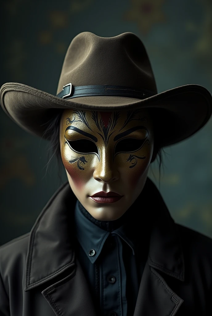 Uma máscara teatral persona, usando um chapéu de cowboy.
