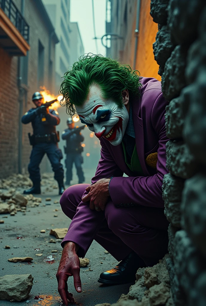 I need the joker hiding behind a wall while several police officers are shooting at him, and the joker must be bleeding and laughing