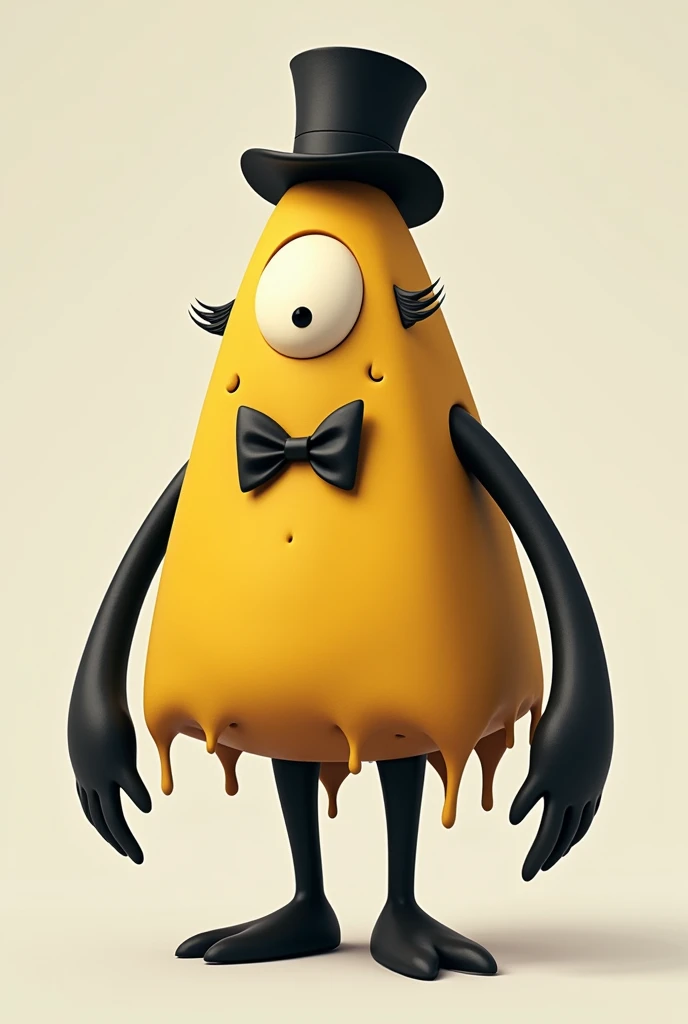 yellow triangle with one eye, eyelashes, bowtie, tophat and black limbs with tentacles