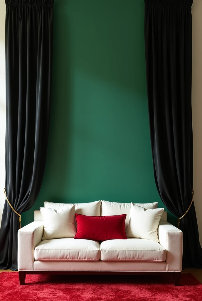 A room with cream white walls black curtains with a emerald green cutting at the middle red carpet Mr Green couch with three through pillows which two of them are white and a red one in the middle. The walls have to be purely cream white and two black curtains with the emerald green piece at the middle 