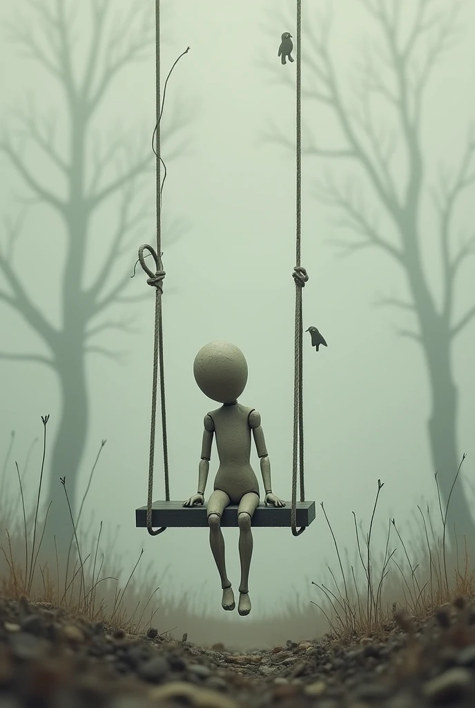A lonely paper doll on a sad swing