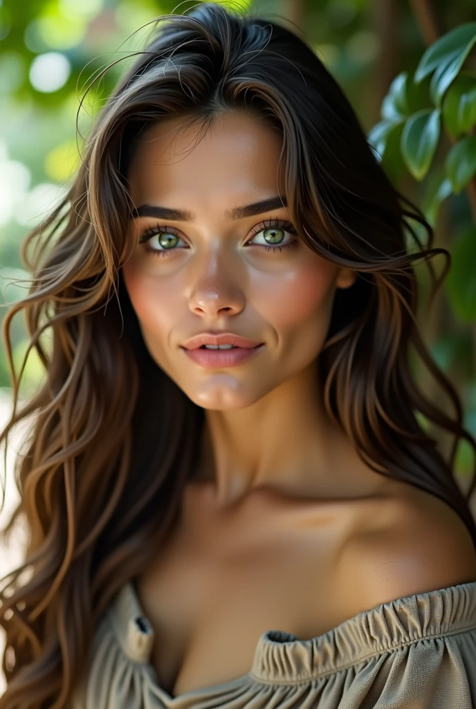 fille brune, yeux vert, latine, 25ans regarde vers la camera, naturel, yeux en amandes nez fins