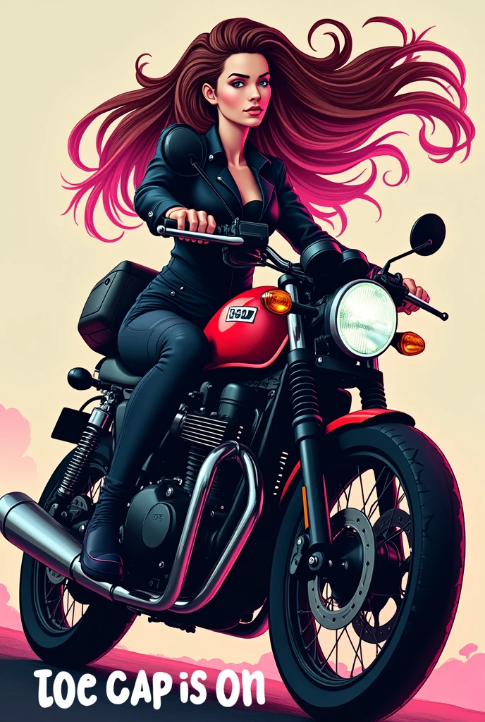 It doesn't have to be written on top the toe cap is on the woman with pink highlights and underneath the motorcycle it says deliveries on Don't create an image, put a brunette with pink highlights and a brunette with pink highlights on top of the motorcycle and it says toe cap is on
