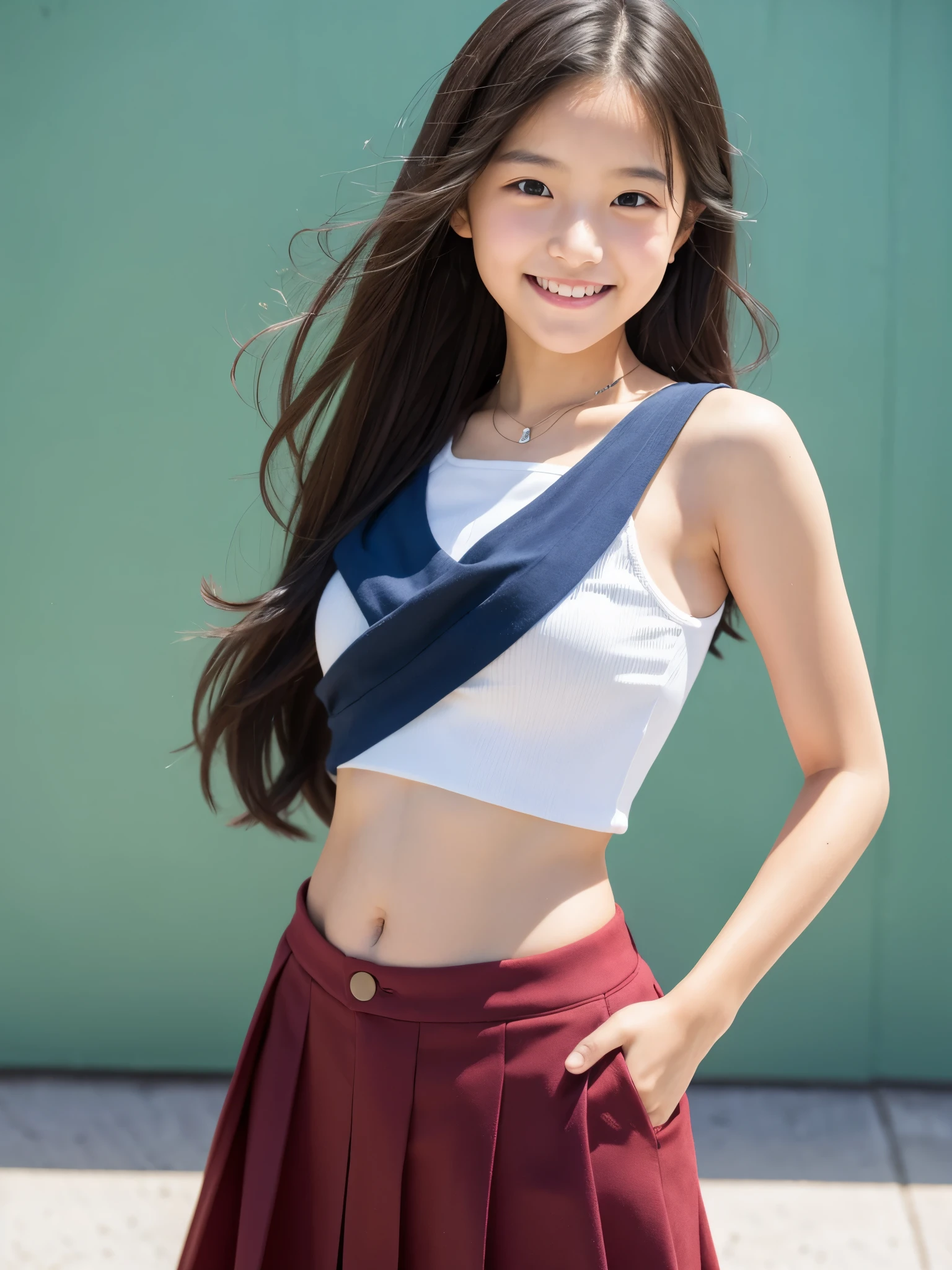 Elementary school student, smiling, belly button exposed, shoulder exposed, casual clothes, bust up