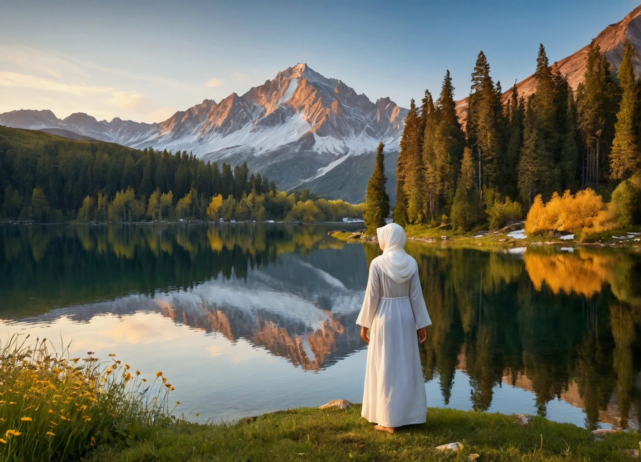 
"A stunning 8K resolution landscape showcasing an early morning in a pristine mountainous region. The scene captures the golden light of the sunrise gently illuminating the rugged mountain peaks, which are partly covered with snow. A crystal-clear lake lies in the foreground, perfectly reflecting the towering mountains and the vibrant hues of the dawn sky. The water’s surface is mirror-like, adding a sense of calm and serenity to the scene. Surrounding the lake, lush green meadows are scattered with colorful wildflowers, while tall, majestic trees stand by the water's edge.

On the right side of the frame, a woman stands at the edge of the lake, wearing a simple white dress and a white hijab. She gazes out at the peaceful landscape, adding a serene, contemplative human element to the vast natural beauty. Her presence conveys a sense of reflection and harmony with the tranquil surroundings. The overall atmosphere is one of peace and awe, capturing the raw beauty of nature in incredible detail."