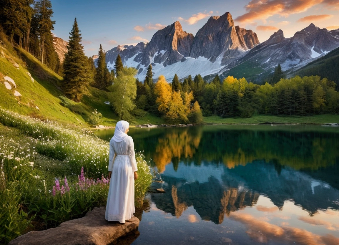 "A stunning 8K resolution landscape showcasing an early morning in a pristine mountainous region. The scene captures the golden light of the sunrise gently illuminating the rugged mountain peaks, which are partly covered with snow. A crystal-clear lake lies in the foreground, perfectly reflecting the towering mountains and the vibrant hues of the dawn sky. The water’s surface is mirror-like, adding a sense of calm and serenity to the scene. Surrounding the lake, lush green meadows are scattered with colorful wildflowers, while tall, majestic trees stand by the water's edge.
On the right side of the frame, a woman stands at the edge of the lake, wearing a simple white dress and a white hijab. She gazes out at the peaceful landscape, adding a serene, contemplative human element to the vast natural beauty. Her presence conveys a sense of reflection and harmony with the tranquil surroundings. The overall atmosphere is one of peace and awe, capturing the raw beauty of nature in incredible detail."