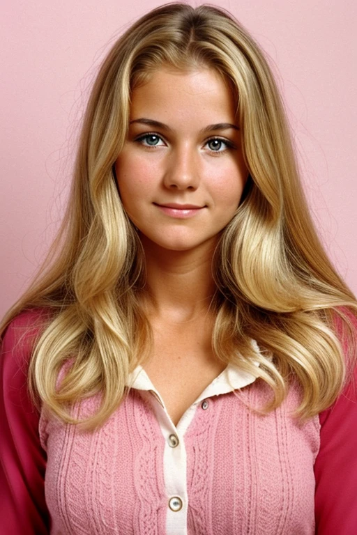 Medium view, of young aged, , mom, gilf, milf, face portrait, german features, chubby, long 1970s hair, blond hair, 1970s clothing, in Small town 1970s,