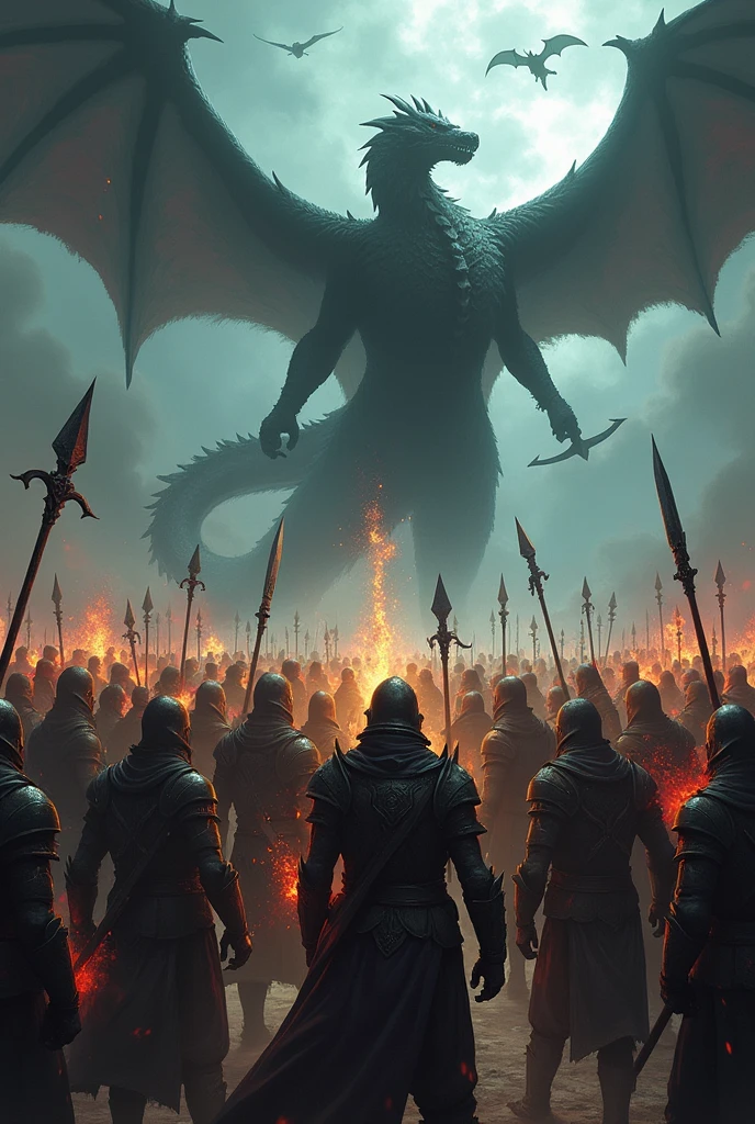 Create me an image with a dark and gloomy tone, with an army of World of Warcraft-style warriors, carrying weapons such as swords, axes, bows, crossbows, and staffs of ice and fire magic. There should be dragons in the sky representing the warriors, with flames coming out all over the place with red and yellow colors, keeping the gloomy style. The image must have the following text "Umbra Draconum" mandatory. 