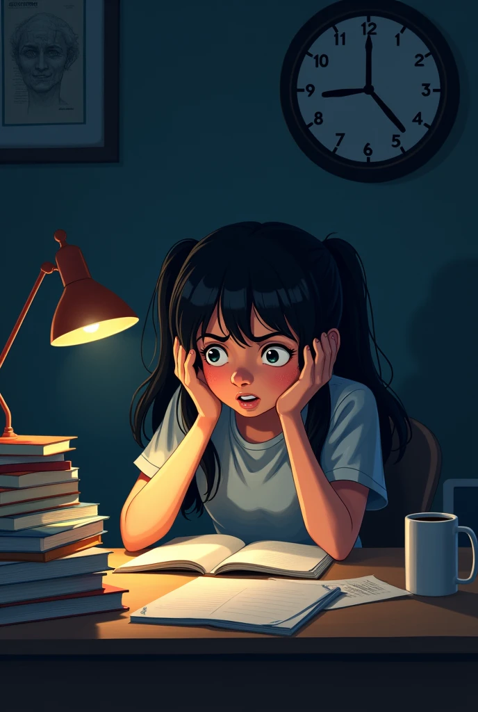 A teenage girl studying late at night looking so stressed then she glances at her clock it's already midnight