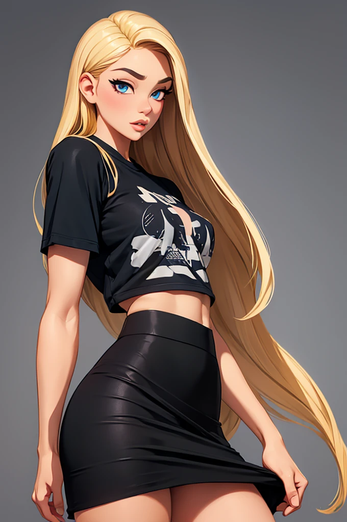 Beautiful woman, very beautiful, thick and big lips, pretty eyes and lazy eyelids, Lewd face, life completely in front, Front view, Whole body, black oversight t-shirt, black skirt with white touches, perfect body, big perky tits, small nose, by the wide, Long hair, by rubio, blonde