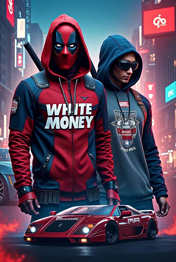 Design a modern, urban-themed poster for a streetwear clothing brand called 'White Money.' The poster should showcase key streetwear items such as hoodies, oversized t-shirts, and jackets, emphasizing bold and trendy designs. The clothing should feature intricate graphic elements like logos, text, and images that reflect urban culture, including cityscapes, money symbols, and stylized typography. The overall aesthetic should be edgy and vibrant, with a mix of dark and bright colors to create a visually striking contrast. Incorporate elements like a city skyline, luxury cars, and a modern, artistic vibe that appeals to a young, fashion-forward audience." With Marvel superheroes characters Deadpool and captain America with white money on costume