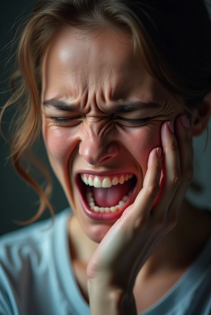 Create me an advertising image for a Dental clinic, where it is advertised that the patient has a severe toothache.