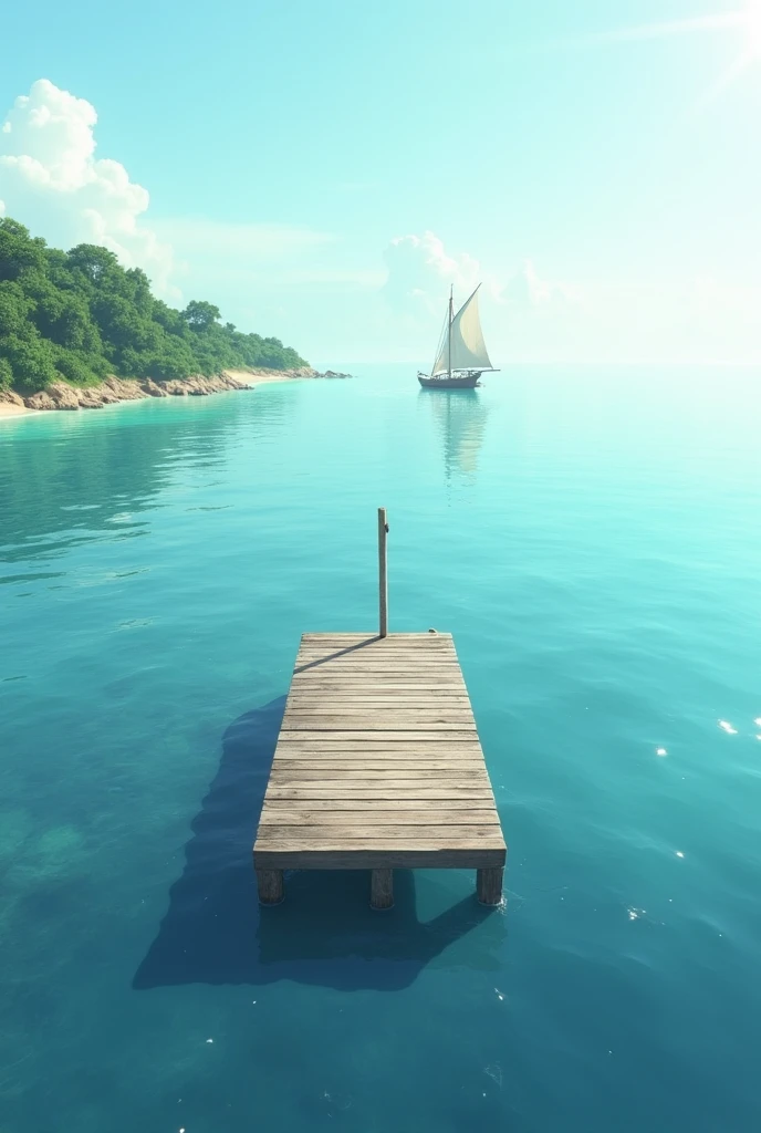 dock that is only a rectangle along an island and a boat sailing

